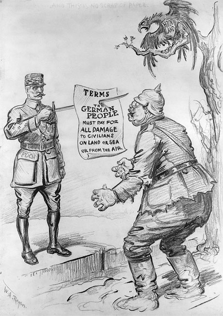 Caricature américaine représentant le maréchal Foch, commandant en chef des forces alliées, lors de l’annonce des conditions de l’armistice.