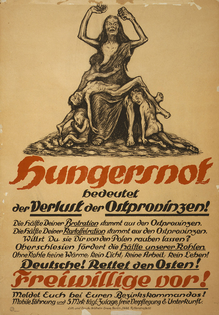 Une affiche allemande appelle les volontaires à se battre contre la perte des territoires orientaux.