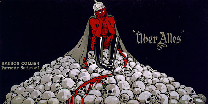 Affiche américaine de 1917. L’empereur Guillaume II est représenté en diable sur un tas de crânes.